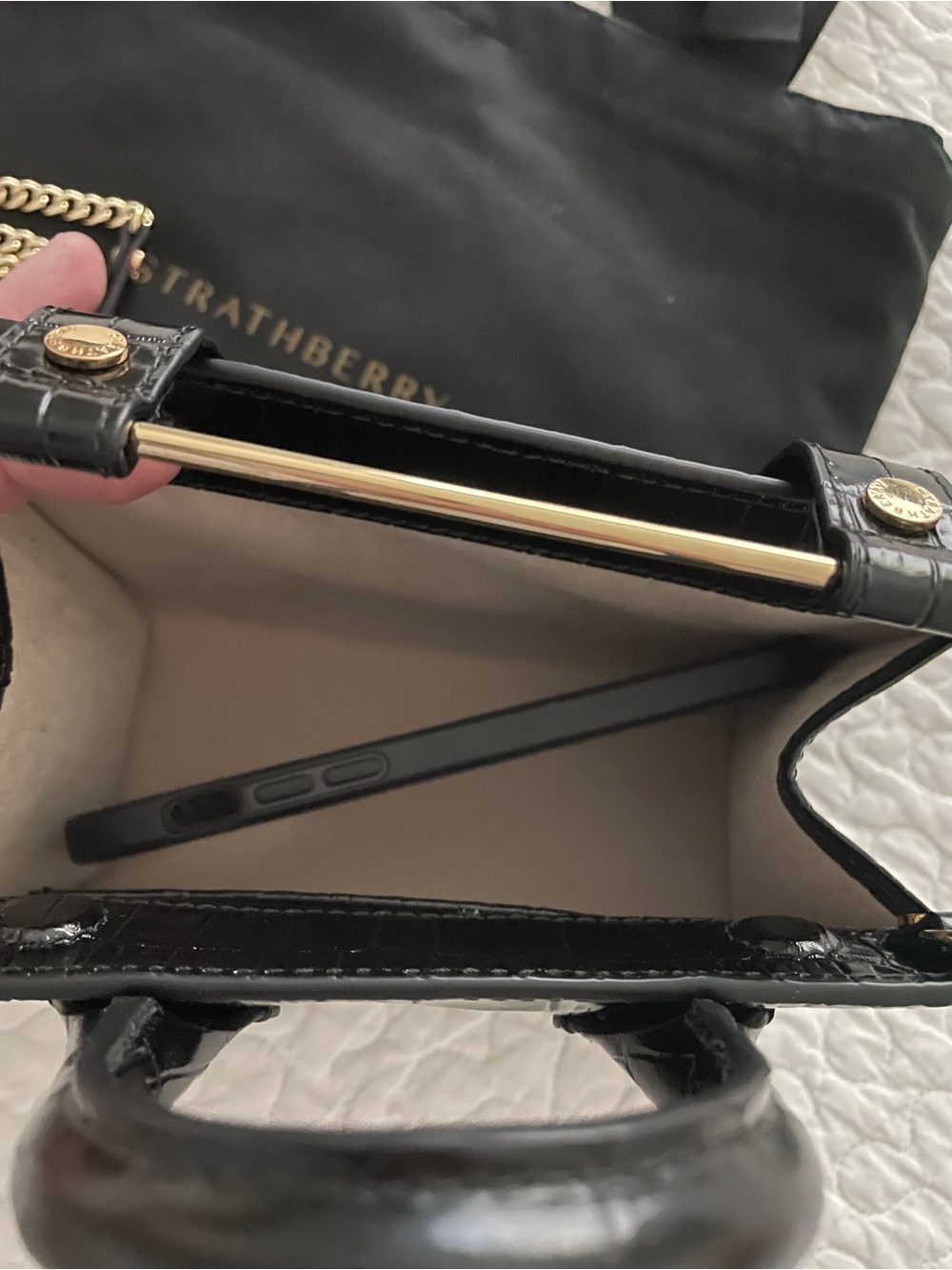 Strathberry Black Croc-embossed Nano Tote with Gold Chain - Picture 3 of 7